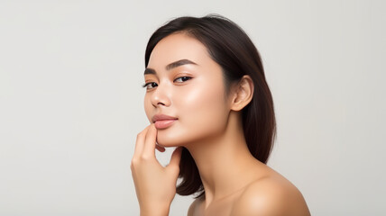 A beautiful asian female model, one hand stroking her cheek, on a white background.generative ai