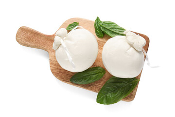 Wooden board of tasty Burrata cheese with basil on white background