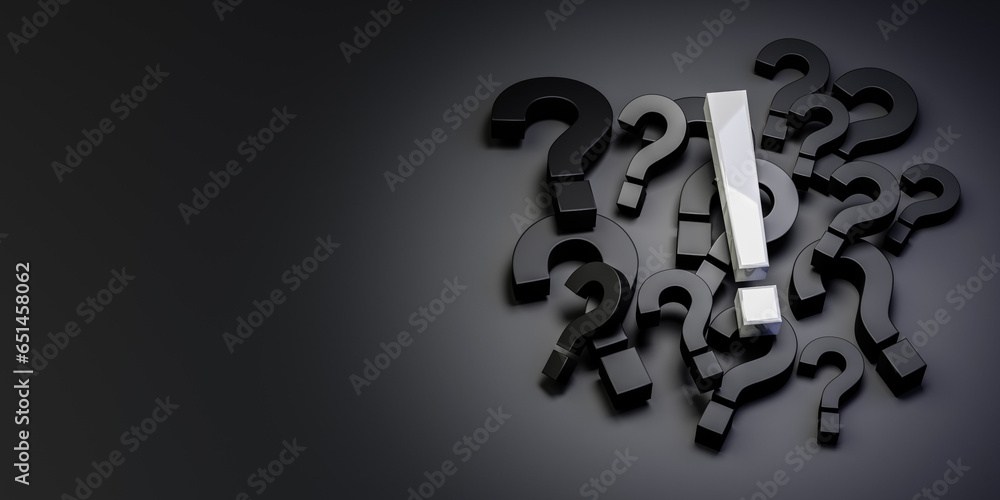 Poster pile of black question mark symbols with one white exclamation mark on dark background. faq and ques
