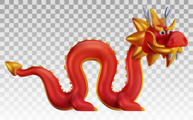 3d cute chinese red dragon in cartoon realistic style. Funny festive traditional character concept design for background banner, cover. Holiday art element or symbol new year. Vector illustration.