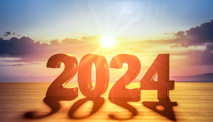 2024 new year. 2024 date on sunset background. Business plan and strategies. Business annual plan...