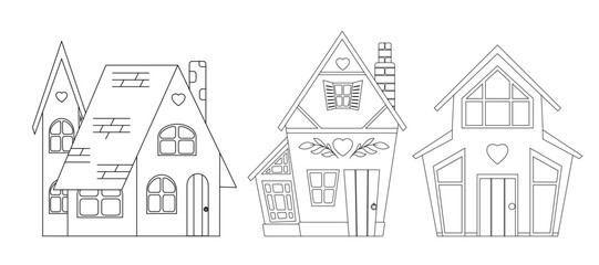 Set of vector outline illustrations of country houses. Collection of contour cute rural buildings