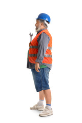 Portrait of senior man in hardhat with wrench isolated on white background. Labor Day celebration