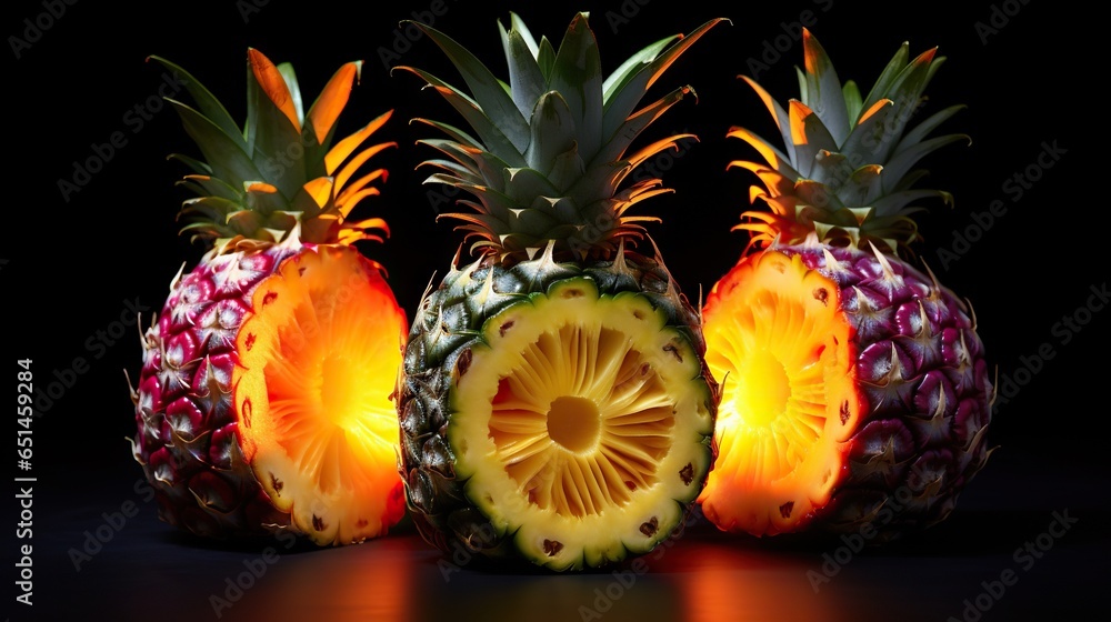 Poster  a group of pineapples cut in half with a kiwi in the middle.  generative ai