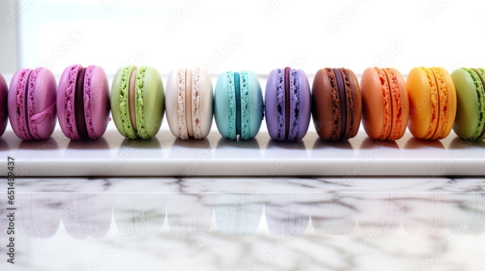 Poster a row of macaroons sitting on top of a counter. generative ai