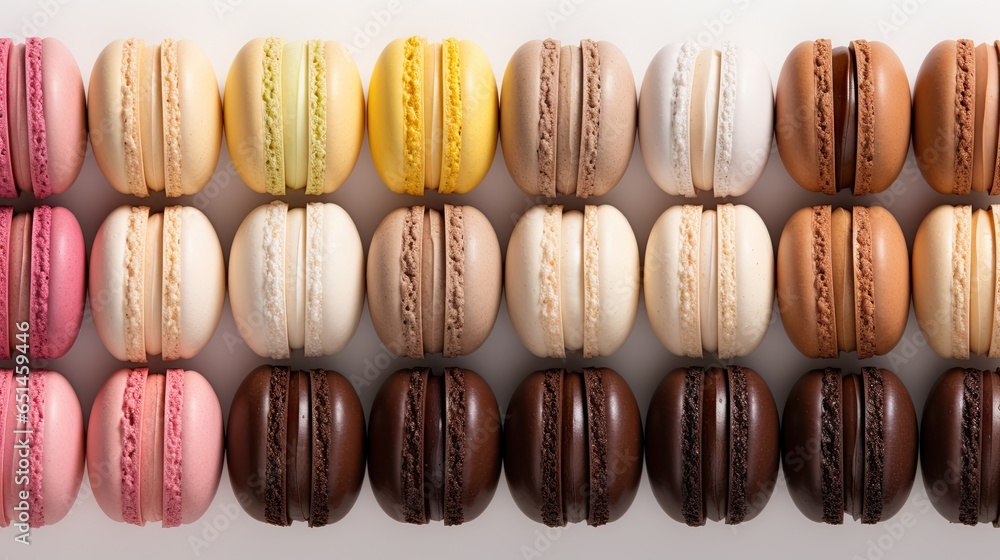 Poster a bunch of macaroons are lined up in a row. generative ai
