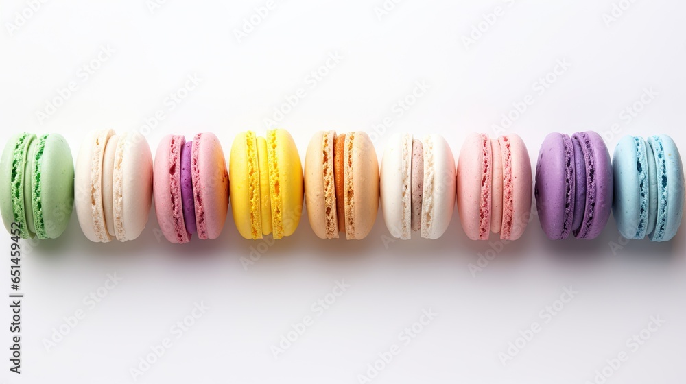 Poster a row of colorful macaroons sitting on top of each other. generative ai