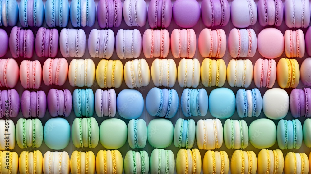 Poster macaroons are arranged in a rainbow pattern on a wall. generative ai