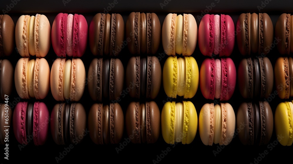 Poster  a bunch of macaroons are lined up in a row.  generative ai
