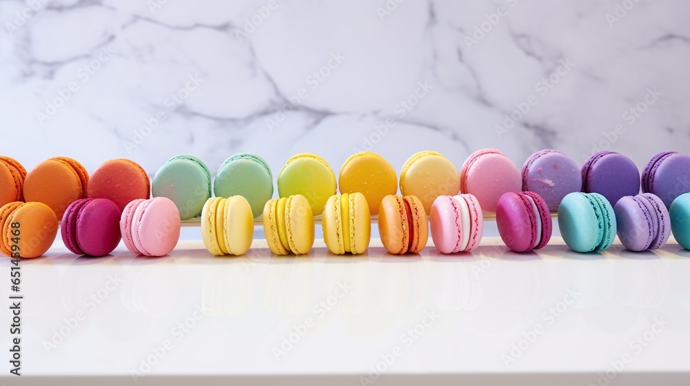 Aufkleber a row of macaroons sitting on top of a counter. generative ai