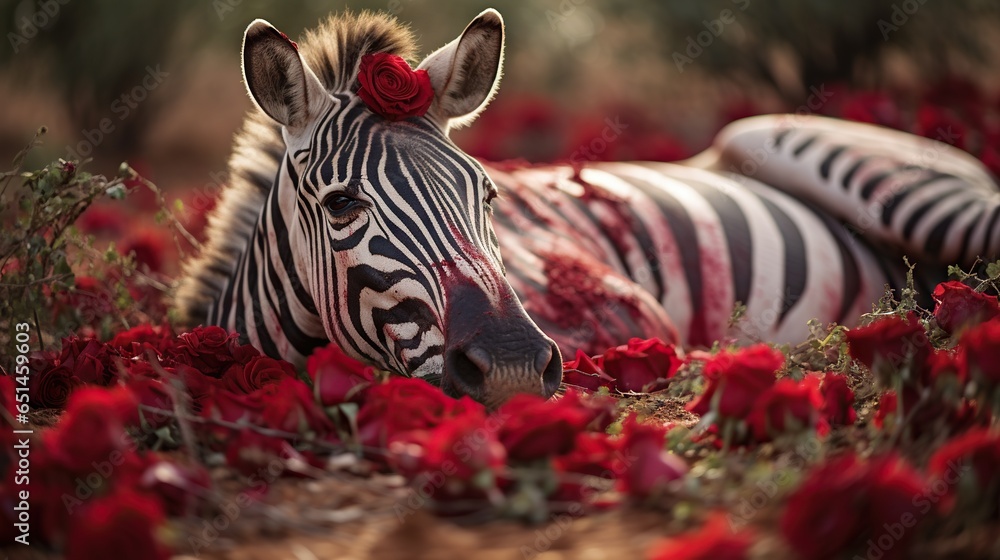 Poster a zebra laying down in a field of flowers with a rose in its mouth. generative ai