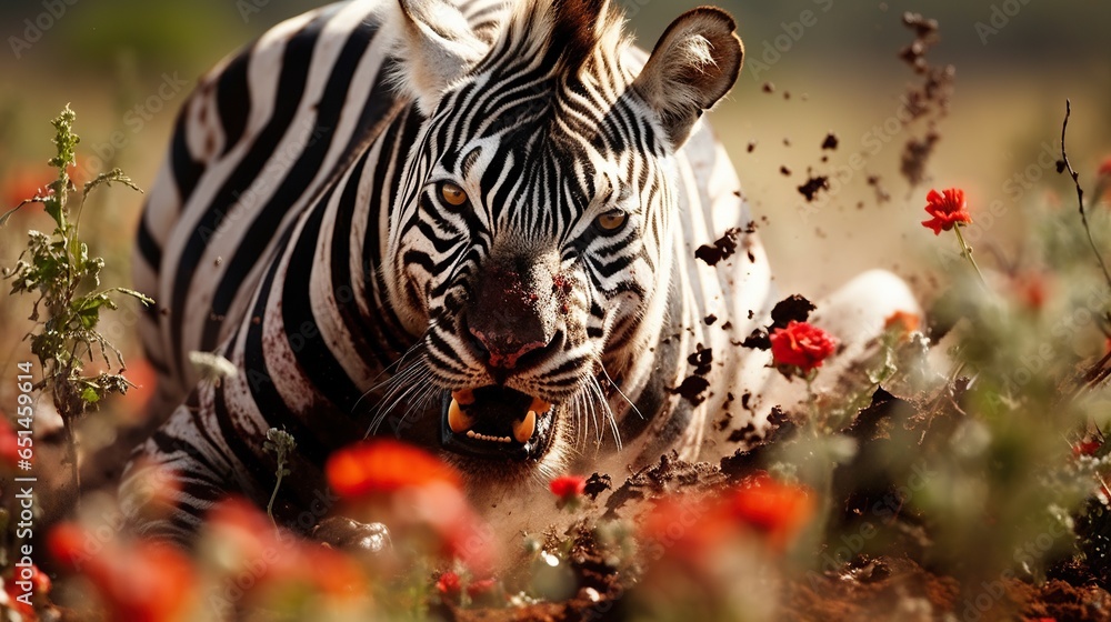 Poster a zebra standing in the middle of a field of flowers. generative ai