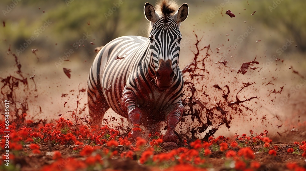 Poster a zebra is running through a field of red wildflowers. generative ai