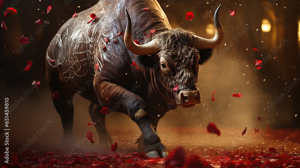 Poster a bull with long horns is running through a field of red petals. generative ai