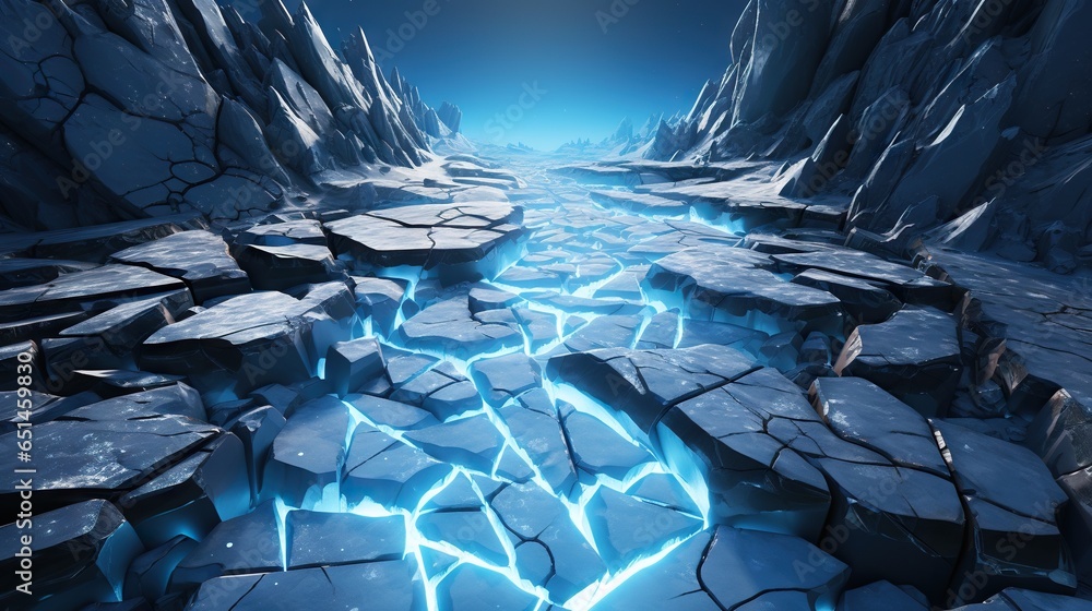 Poster a computer generated image of a crack in the ground with lightning coming out of it. generative ai