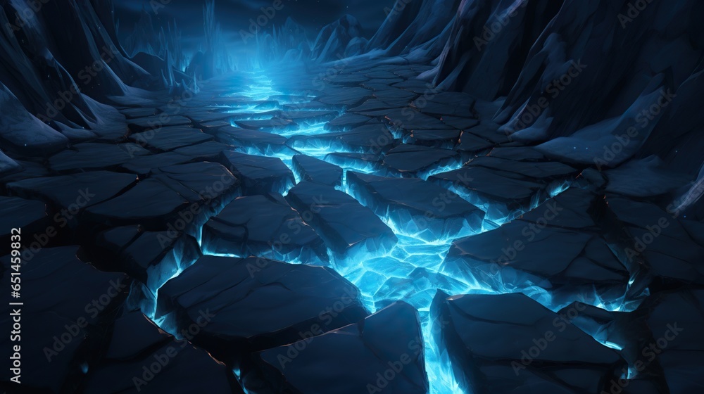 Poster a computer generated image of a blue ice stream in a cave. generative ai