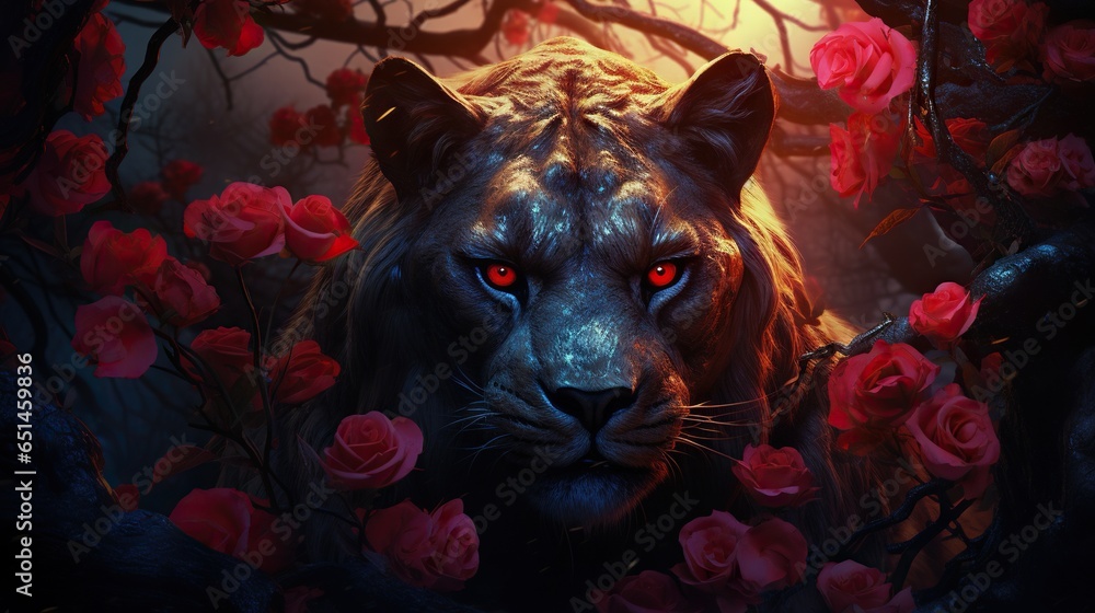 Poster a black panther with red eyes standing in front of a tree with branches and flowers the panther is s