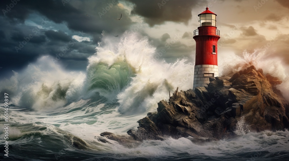 Poster a lighthouse in the middle of a large wave in the ocean. generative ai
