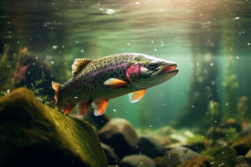 Fishing rainbow trout fish splashing in the water of a forest lake. - obrazy, fototapety, plakaty