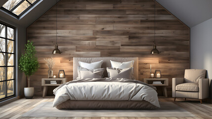 Wooden bed against of reclaimed barn wood paneling wall. Loft interior design of modern bedroom