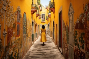 Naklejka premium Beautiful young woman in stylish yellow dress