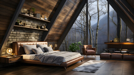 Wooden bed near concrete wall. Interior design of modern bedroom in attic with vaulted ceiling