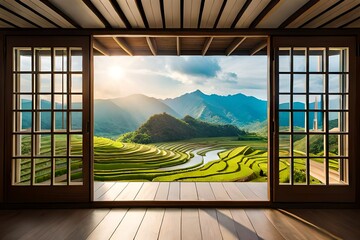 landscape nature view background. view from window at a wonderful landscape nature view with rice...