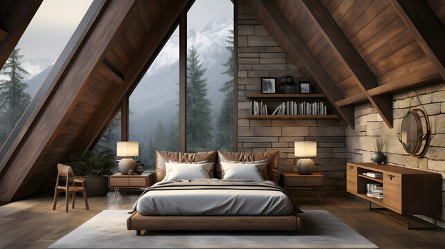 Wooden bed near concrete wall. Interior design of modern bedroom in attic with vaulted ceiling