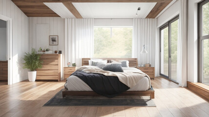Interior of modern bedroom with wooden walls, wooden floor and comfortable king size bed.