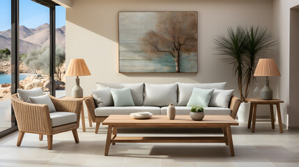 Fototapeta na wymiar Wooden dining table on woven rug. Beige sofa in classic home interior design of modern living room