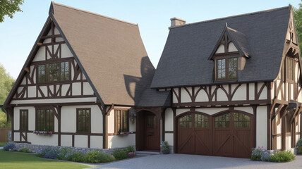3D render of a half-timbered house in the countryside.