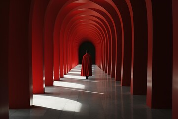 Mysterious man in a solid red cape walking in a corridor