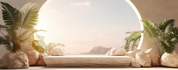 Stone podium with beautiful landscape background, tropical scene light mockup for product display or showcase
