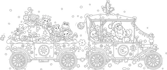 Christmas and New Year card with Santa Claus driving his small retro car and a trailer full of holiday gifts, toys and sweets for little kids, black and white outline vector cartoon illustration