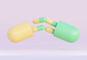 Pastel color Medicine Pills. Small and Cute Yellow Green Tablet Pills. 3D Rendering. Pharmacy concept. Drugs awareness.