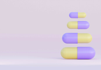 Medicine tablet pills on purple background. 3D Rendering. Medical Harmful Concept. Dangerous drugs. Empty space for text.