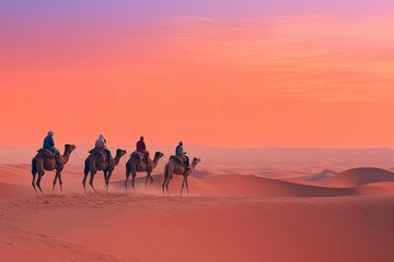 Camel trek with tourists through the sahara desert - obrazy, fototapety, plakaty