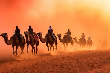 Camel trek with tourists through the sahara desert - obrazy, fototapety, plakaty
