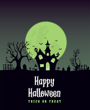 vector happy halloween banner or party background with white moon and pumpkins