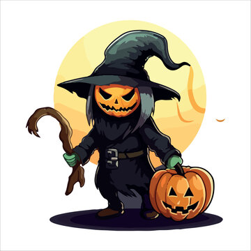 cartoon zombie pumpkin in black with an ax and a scythe
