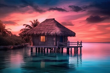 Wooden hut at tropical beach at sunset