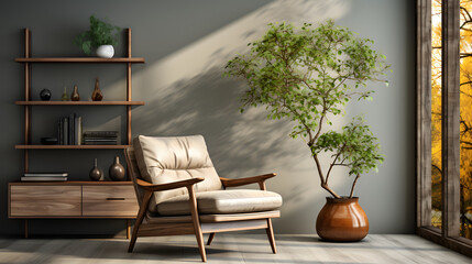 Wooden wall unit and armchair near it. Scandinavian style interior design of modern living room