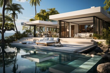 Fototapeta premium Santoro Villa Mykonos: A Luxurious Haven Where Ethereal Sunsets Paint the Sky with Their Enchanting Hues, Harmoniously Blending the Timeless Beauty of Traditional Architecture with the Modern Elegance