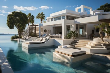 Santoro Villa Mykonos: A Luxurious Haven Where Ethereal Sunsets Paint the Sky with Their Enchanting Hues, Harmoniously Blending the Timeless Beauty of Traditional Architecture with the Modern Elegance - obrazy, fototapety, plakaty