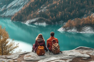 Couples looking at a lake in the mountains