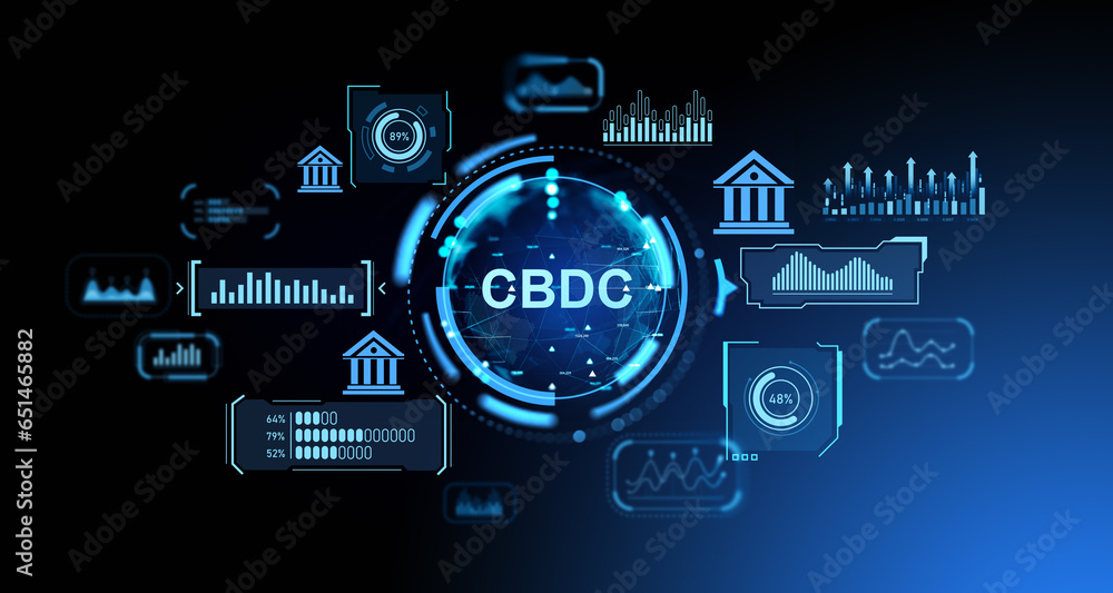 Poster cbdc glowing hologram hud with digital statistics and graph indicators