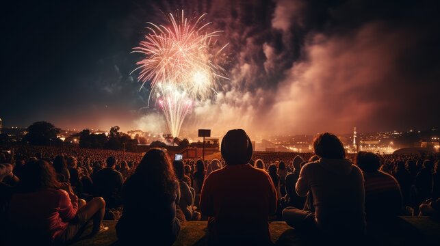 Crowd of people watching fireworks, AI generated Image