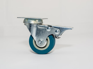 single heavy duty roller castor wheel with brake isolated on a white background blue rim