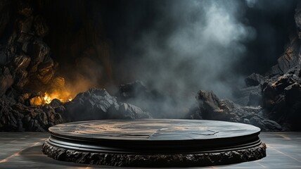 A smoke-filled, gloomy space with a podium made of empty black marble and a black stone floor..