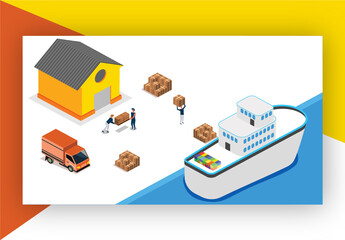 Landing Page Design, Isometric View Of Men Loading Cargo Boxes In Truck And Ship Near Warehouse.